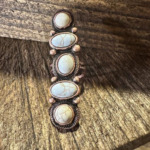 Western Boho Hippie Copper Circle & Oval Semi Stone Pave Linear Bar Cuff Ring: - Picture 1 of 5